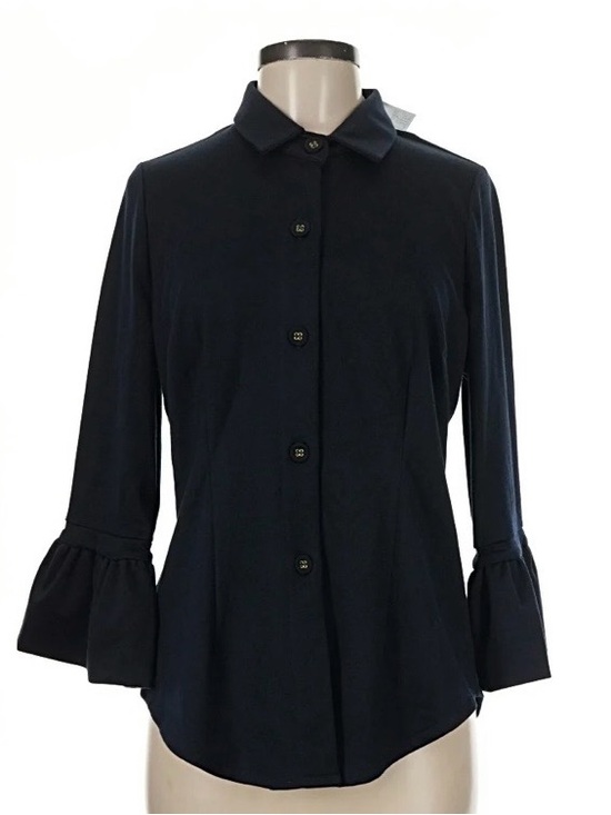 Grace Tops - Button-Front Shirt with Ruffled Three-Quarter Sleeves